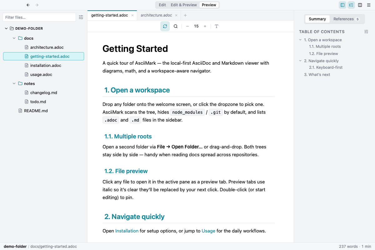Markdraw desktop app with Markdown file, sidebar tree, and table of contents